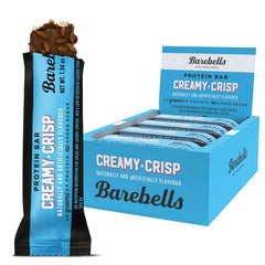 Barebells Creamy Crisp packaging shows a 12-count box for on-the-go protein.