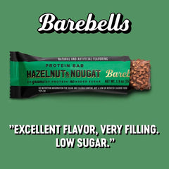 Barebells Hazelnut Nougat Bar close-up texture highlights creamy nougat and hazelnuts.