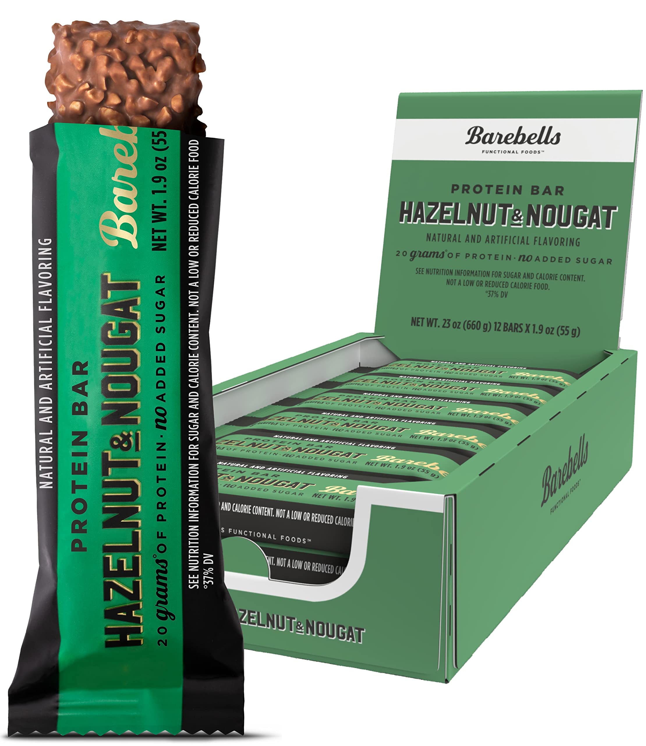 Barebells Hazelnut Nougat Bar pack shows convenient 12-count box for on-the-go snacking.