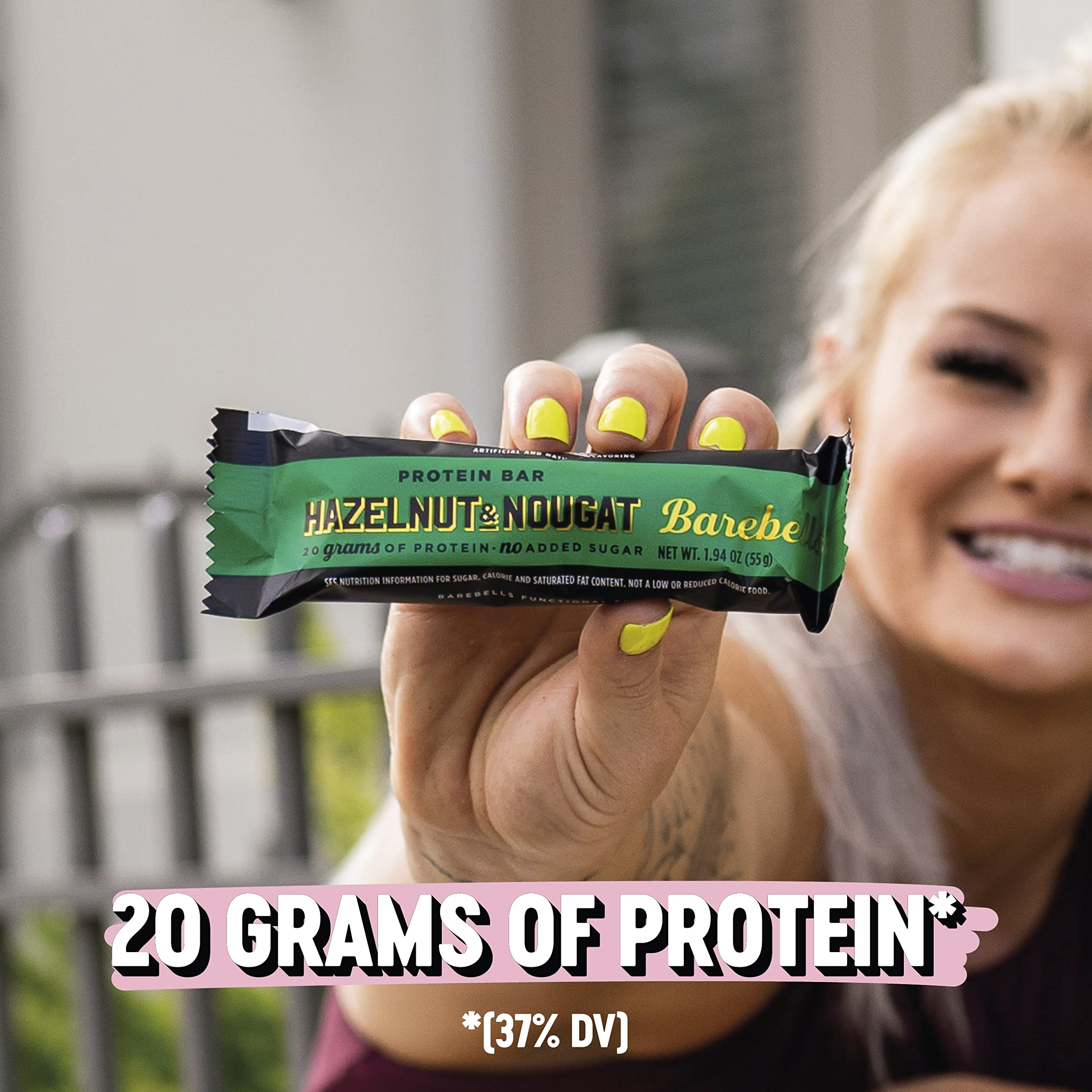 Barebells Hazelnut Nougat Bar slice shows rich chocolate coating and nutty filling.