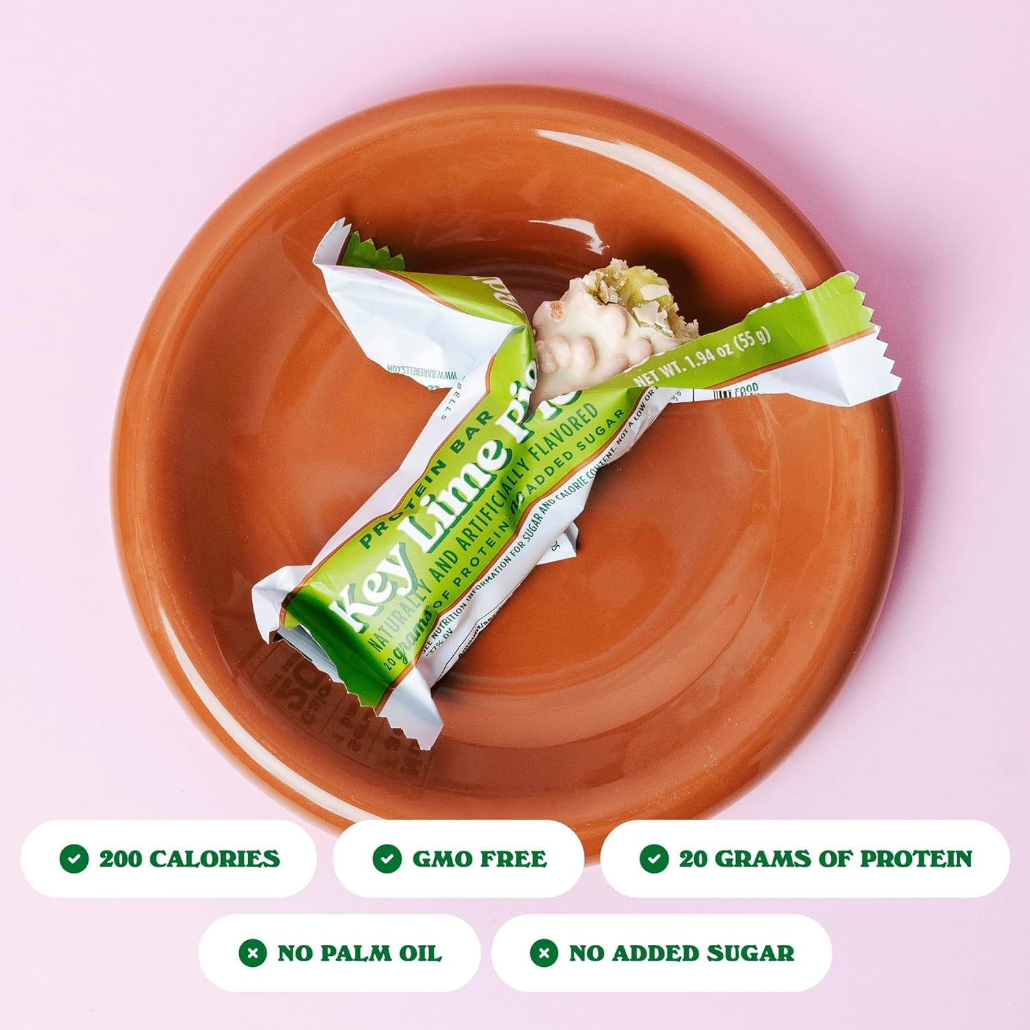 Barebells Key Lime Pie bar cross-section, creamy lime filling and soft texture.