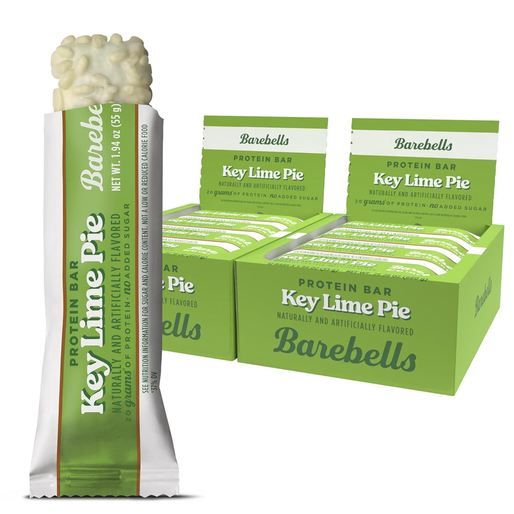 Barebells Key Lime Pie bar front view, high-protein snack for workouts.