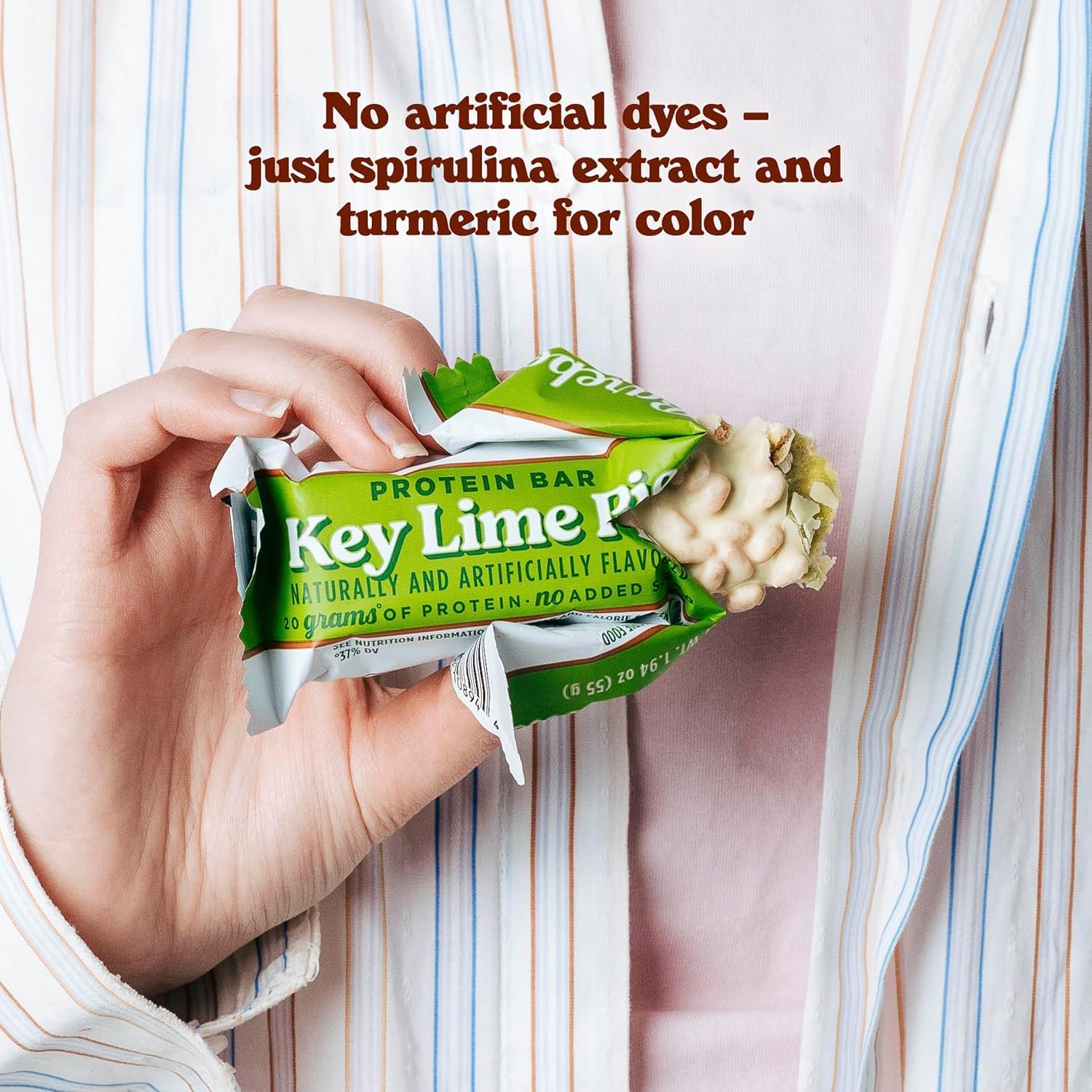 Barebells Key Lime Pie bar ingredients close-up, sugar-free protein treat.