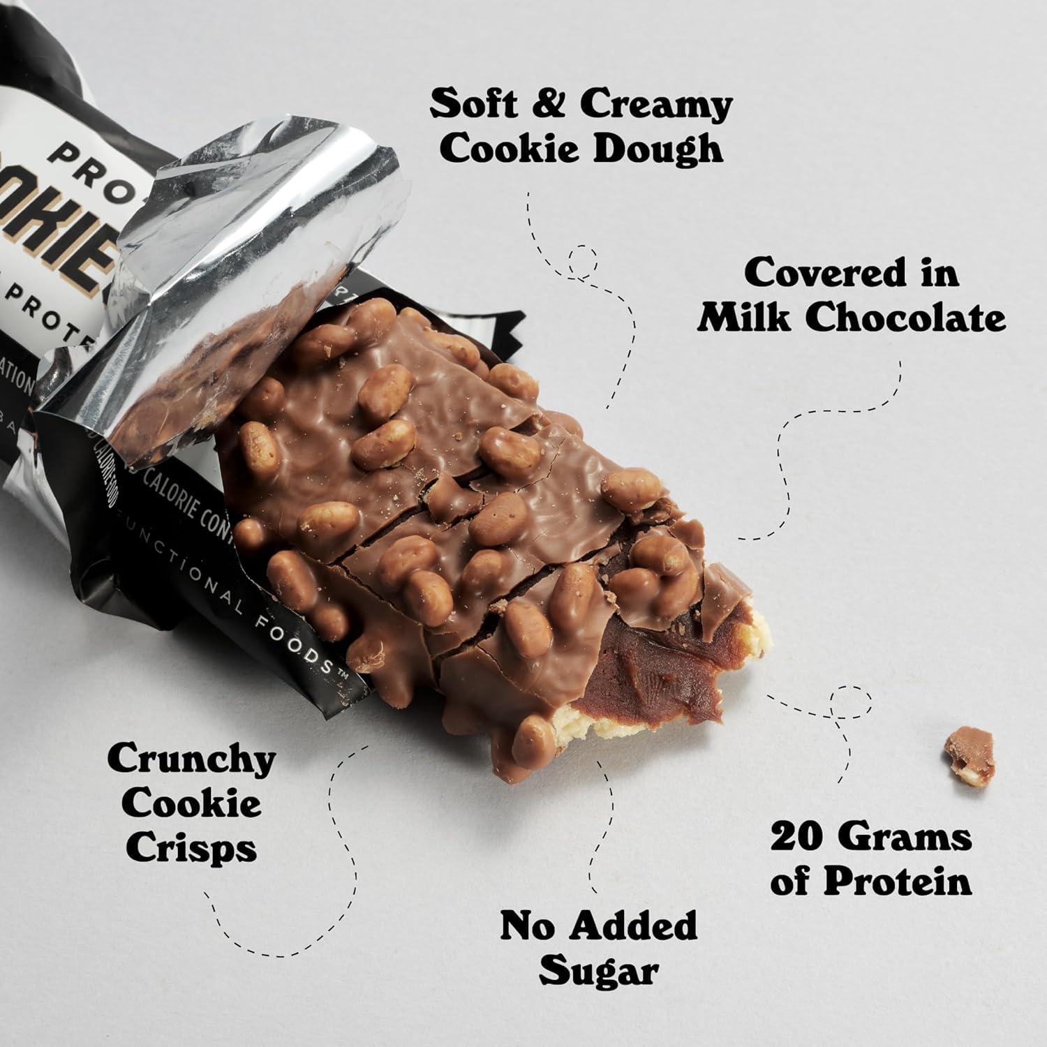 Barebells nutrition label close-up shows 20 g protein per bar.
