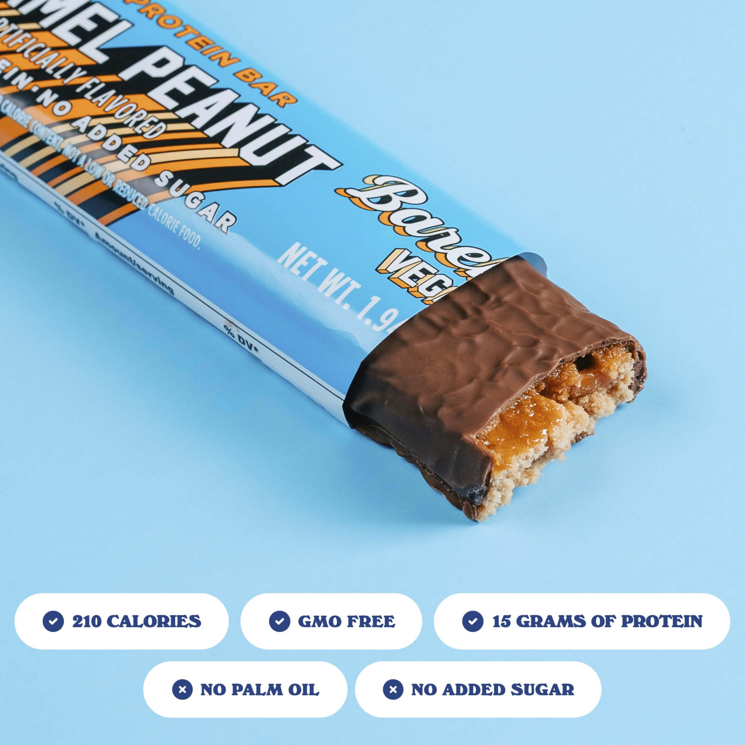 Close-up of Barebells ingredients in Plant Based Peanut Caramel bar showing protein sources.