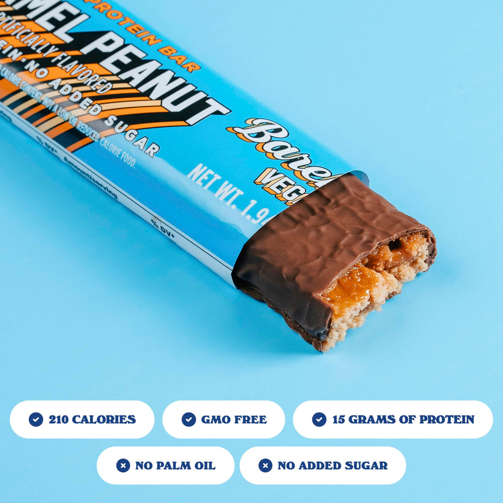 Close-up of Barebells ingredients in Plant Based Peanut Caramel bar showing protein sources.