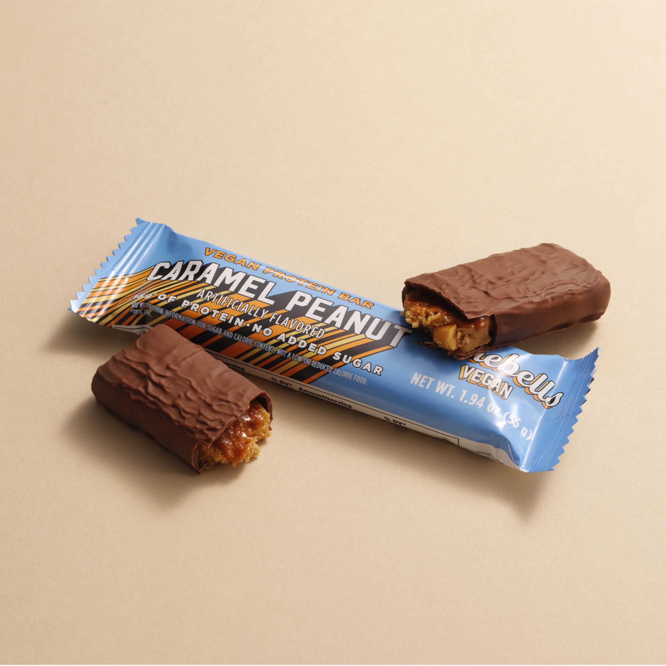 Barebells Plant Based Peanut Caramel bar plated, ready to enjoy.