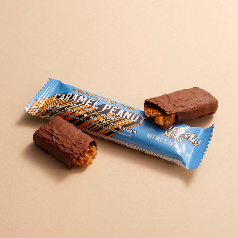 Barebells Plant Based Peanut Caramel bar plated, ready to enjoy.