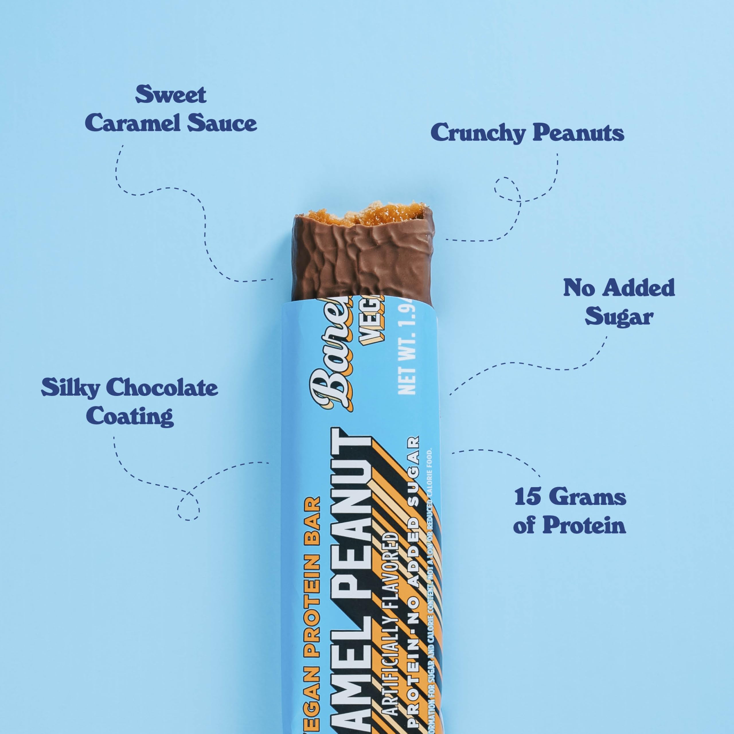 Texture close-up of Barebells Plant Based Peanut Caramel bar showing soft center.