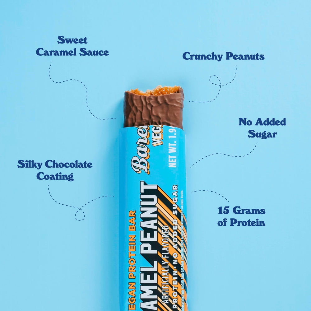 Texture close-up of Barebells Plant Based Peanut Caramel bar showing soft center.