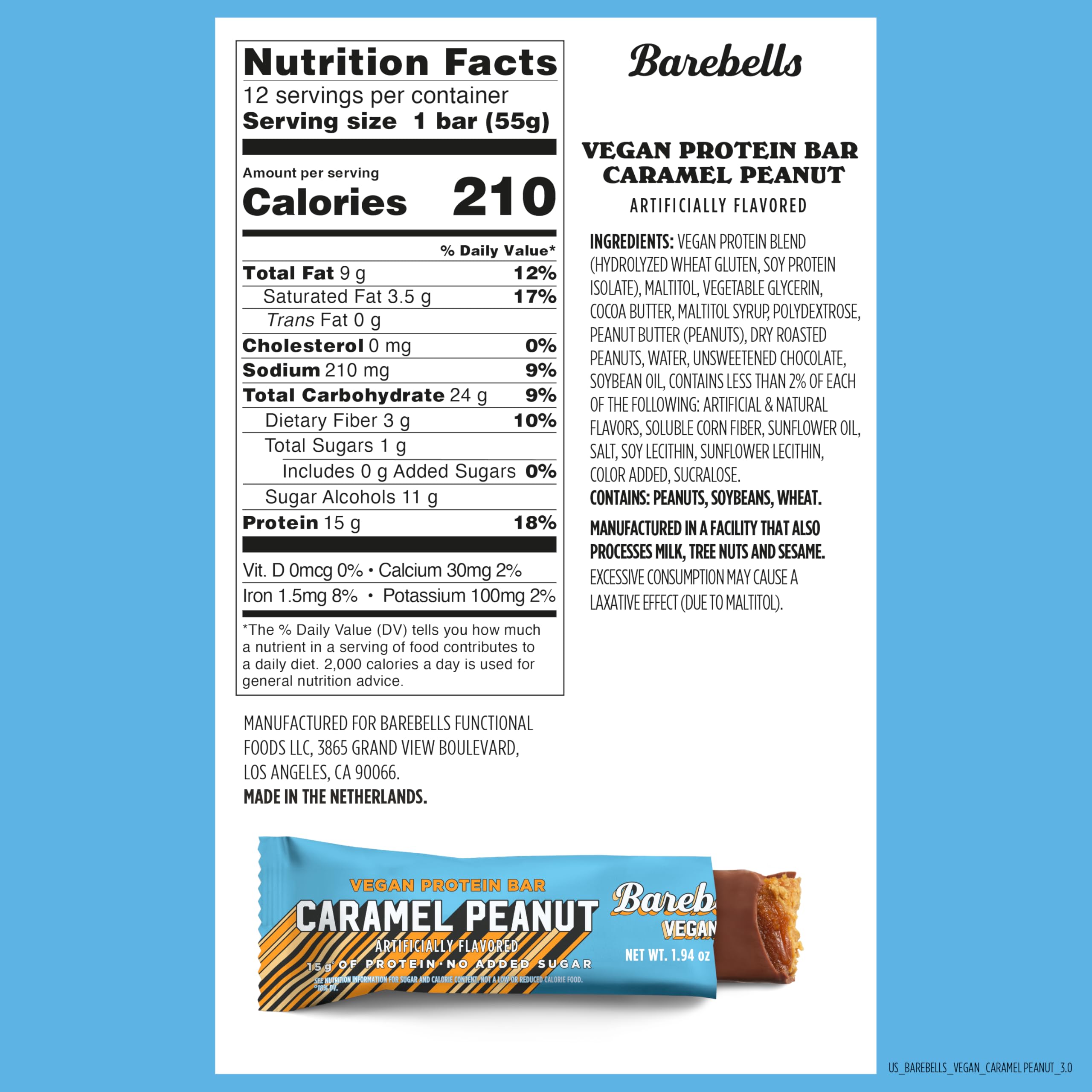 Barebells Plant Based Peanut Caramel bar wrapped; convenient grab-and-go protein.