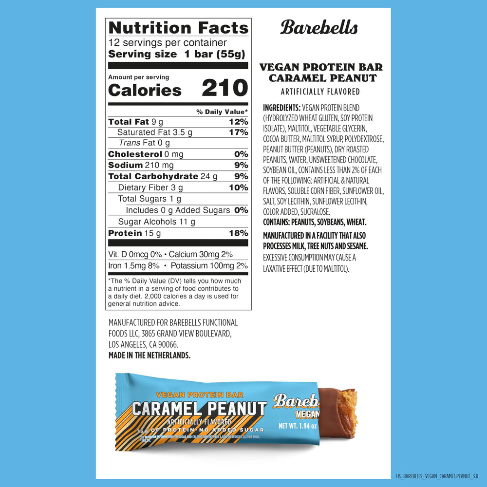 Barebells Plant Based Peanut Caramel bar wrapped; convenient grab-and-go protein.