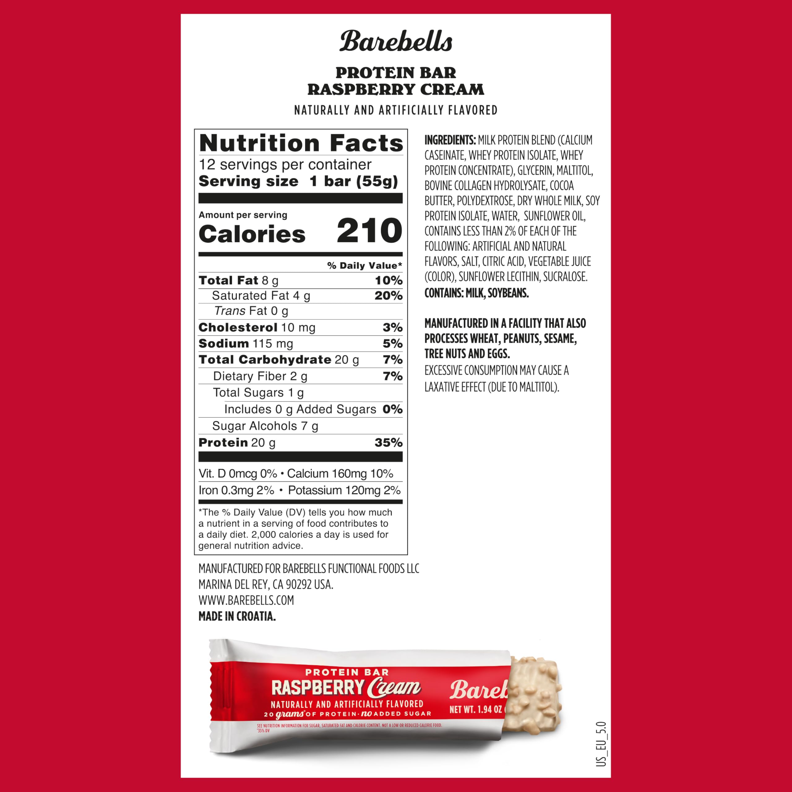 Barebells Raspberry Cream protein bar closeup highlighting creamy texture and high protein