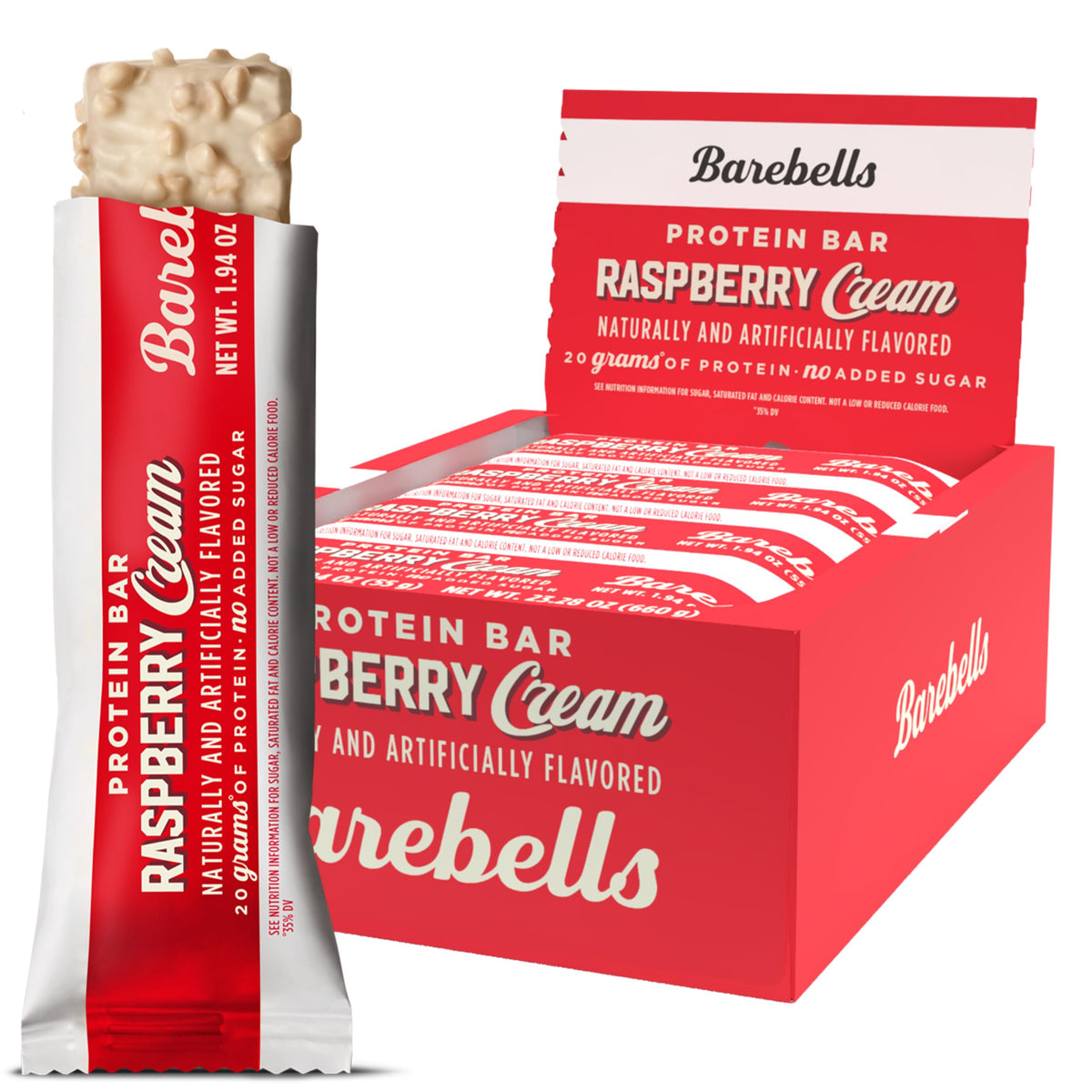 Barebells Raspberry Cream protein bar pack shot for on-the-go snacking