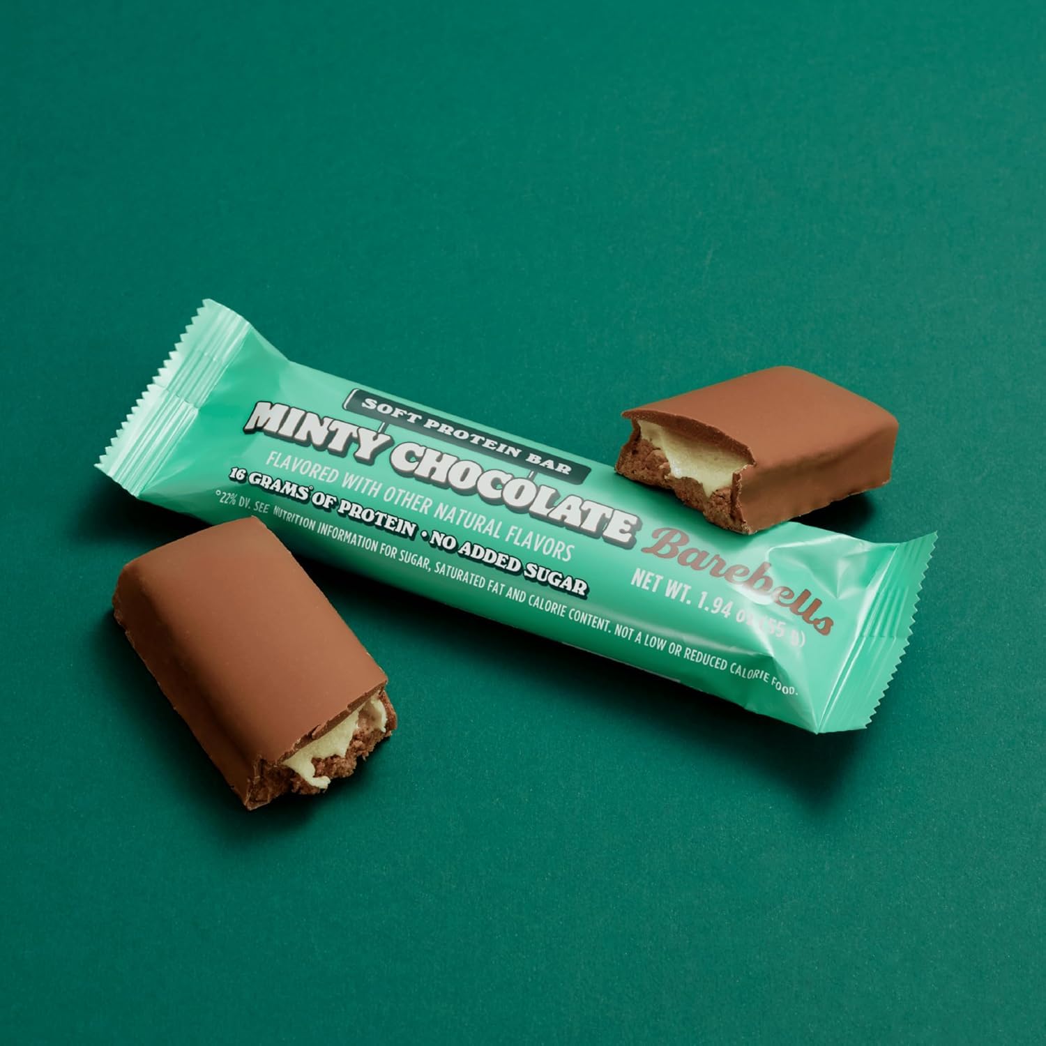 Barebells Minty Chocolate Soft Bar features no added sugar for mindful snacking.