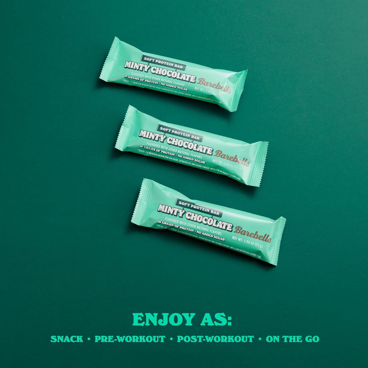 Barebells Minty Chocolate Soft Bar nutrition info shows 16g protein per bar.
