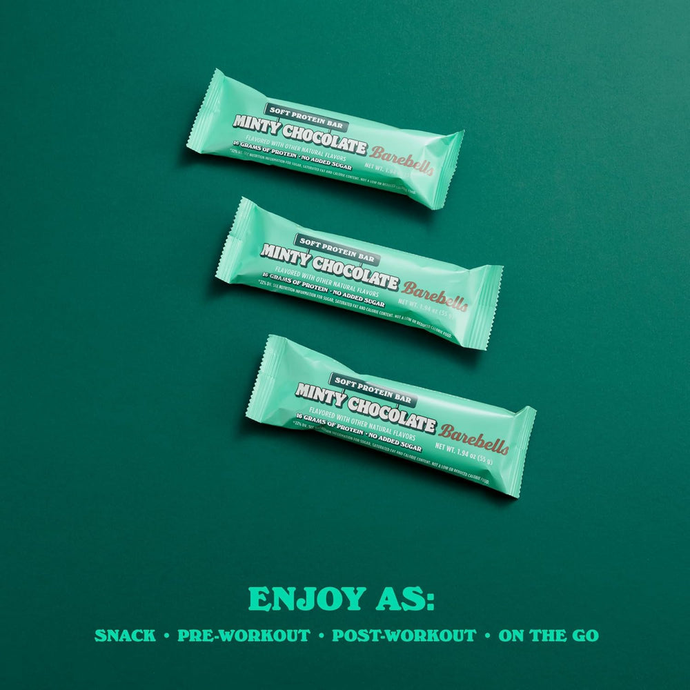 Barebells Minty Chocolate Soft Bar nutrition info shows 16g protein per bar.