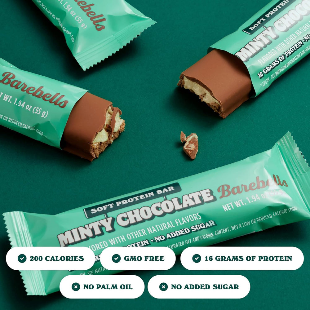 Barebells Minty Chocolate Soft Bar slice reveals creamy interior and mint.