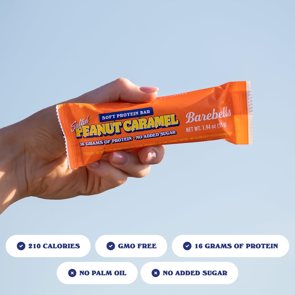 Product shot of Barebells Soft Bar Salted Peanut Caramel with caramel sheen