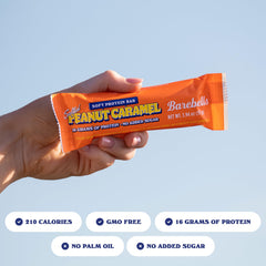 Product shot of Barebells Soft Bar Salted Peanut Caramel with caramel sheen