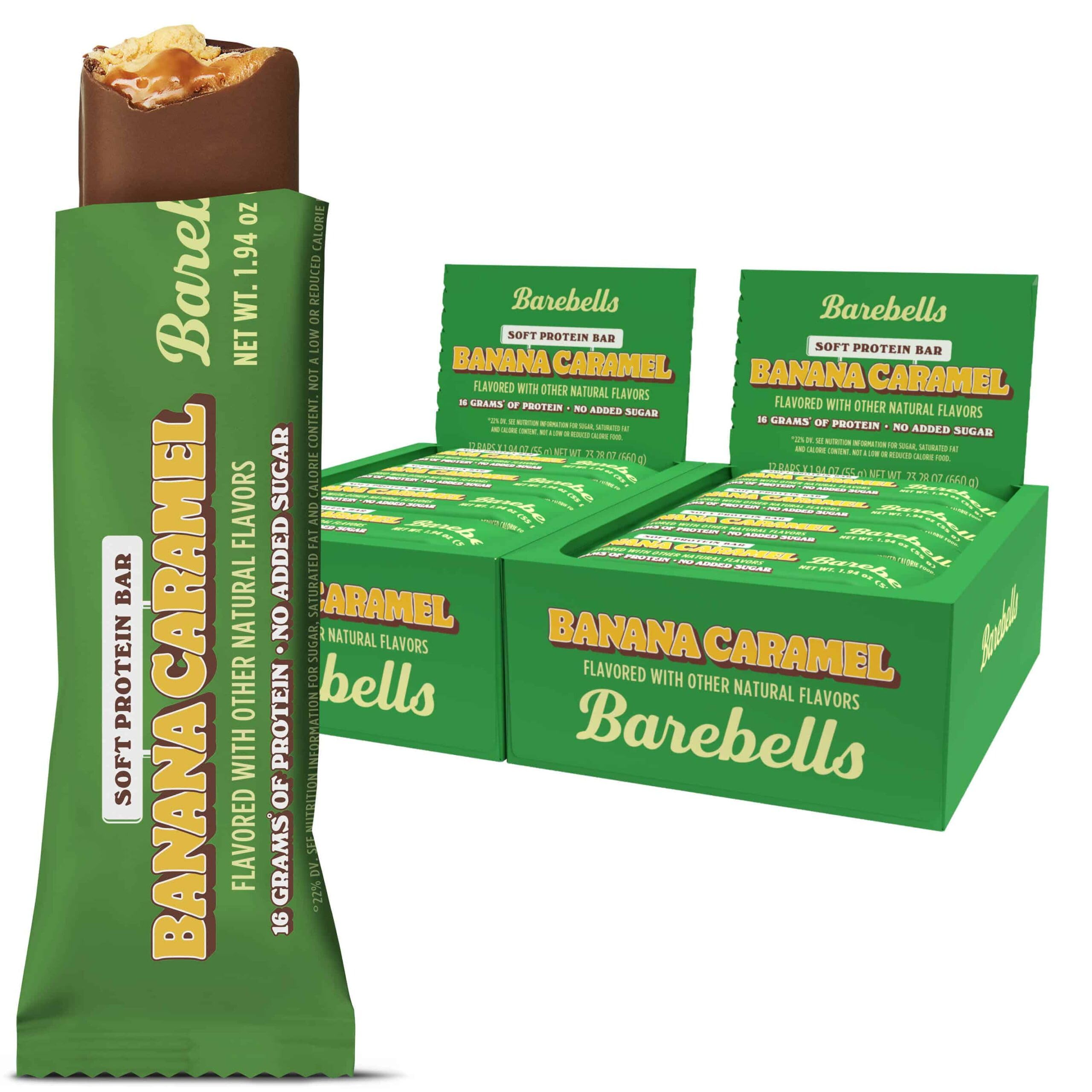 Barebells Banana Caramel Soft Protein Bar in packaging for on-the-go snacking.