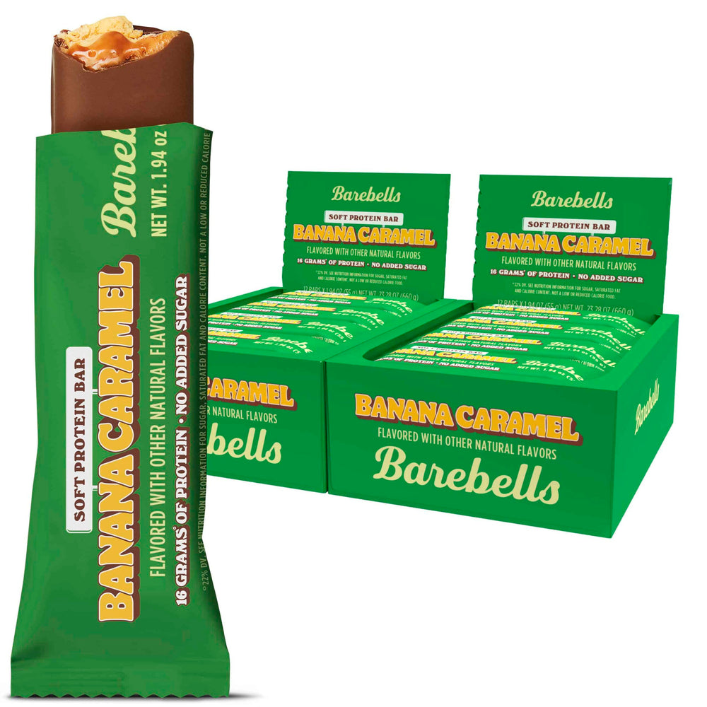 Barebells Banana Caramel Soft Protein Bar in packaging for on-the-go snacking.