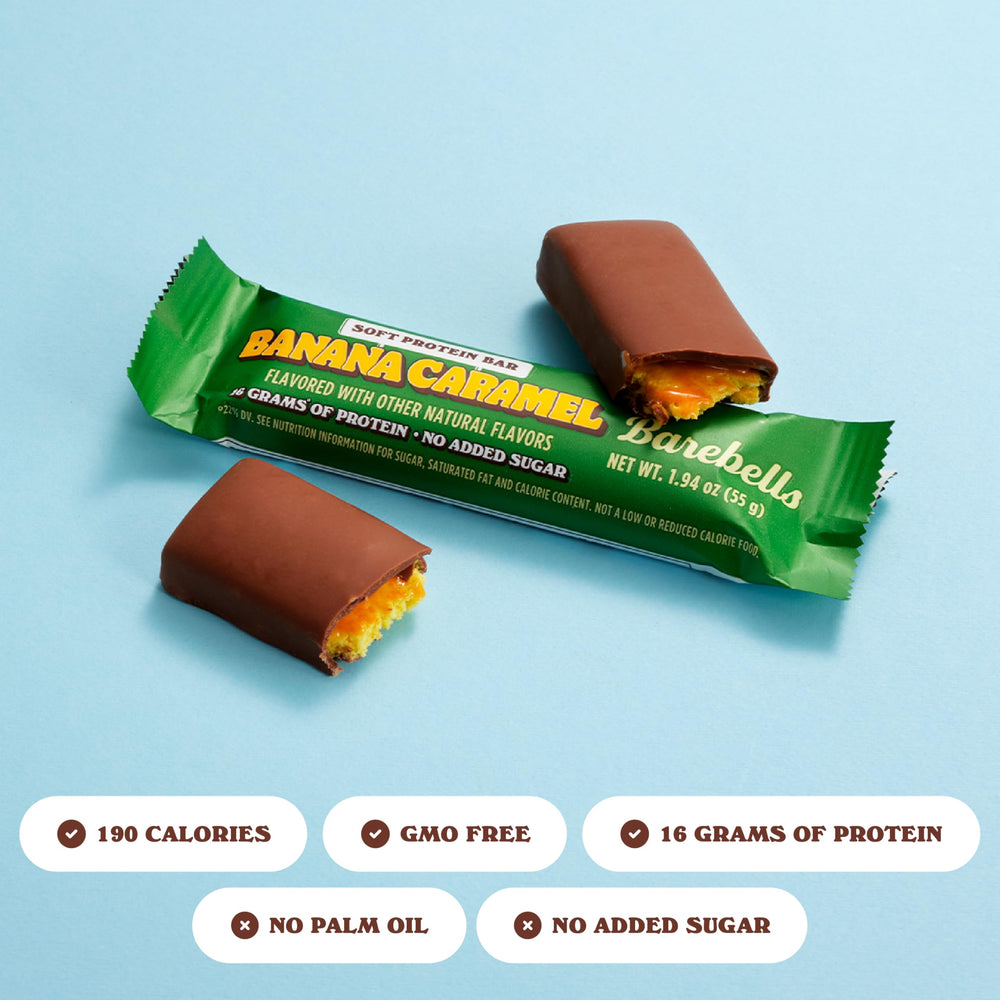 Unwrapped Barebells Banana Caramel bar showing fluffy texture and chocolate coating.