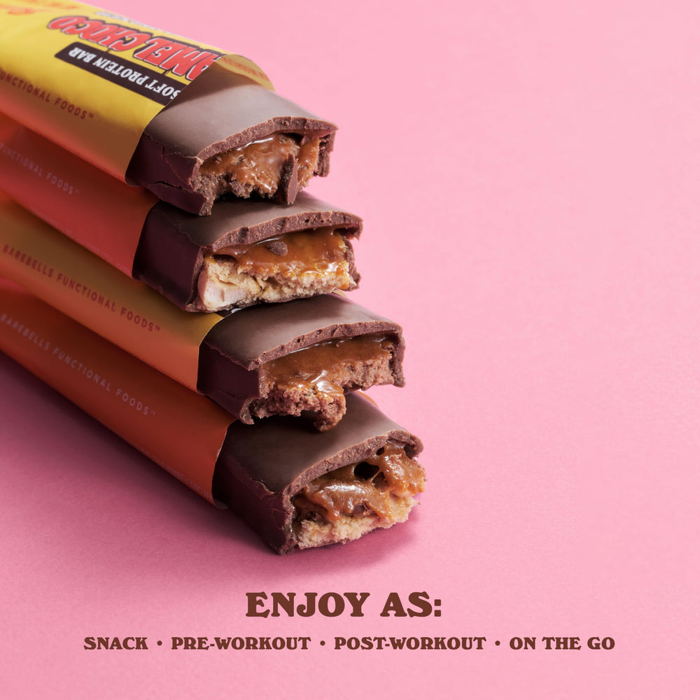 Barebells Soft Protein Bar Caramel Choco multi-pack display for convenient everyday snacking.