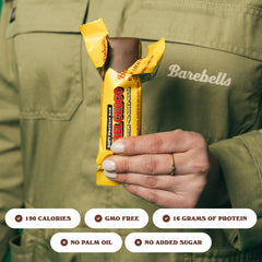 Barebells Soft Protein Bar Caramel Choco on a plate, ready-to-eat snack ideal for busy mornings.