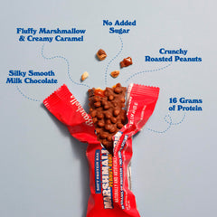 Barebells bar with caramel drizzle and peanuts delivers crave worthy bite.