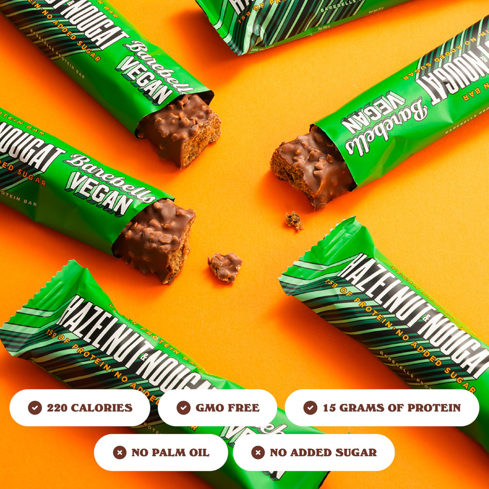 Barebells vegan bar hazelnut nougat cross-section shows creamy filling with crisp hazelnuts