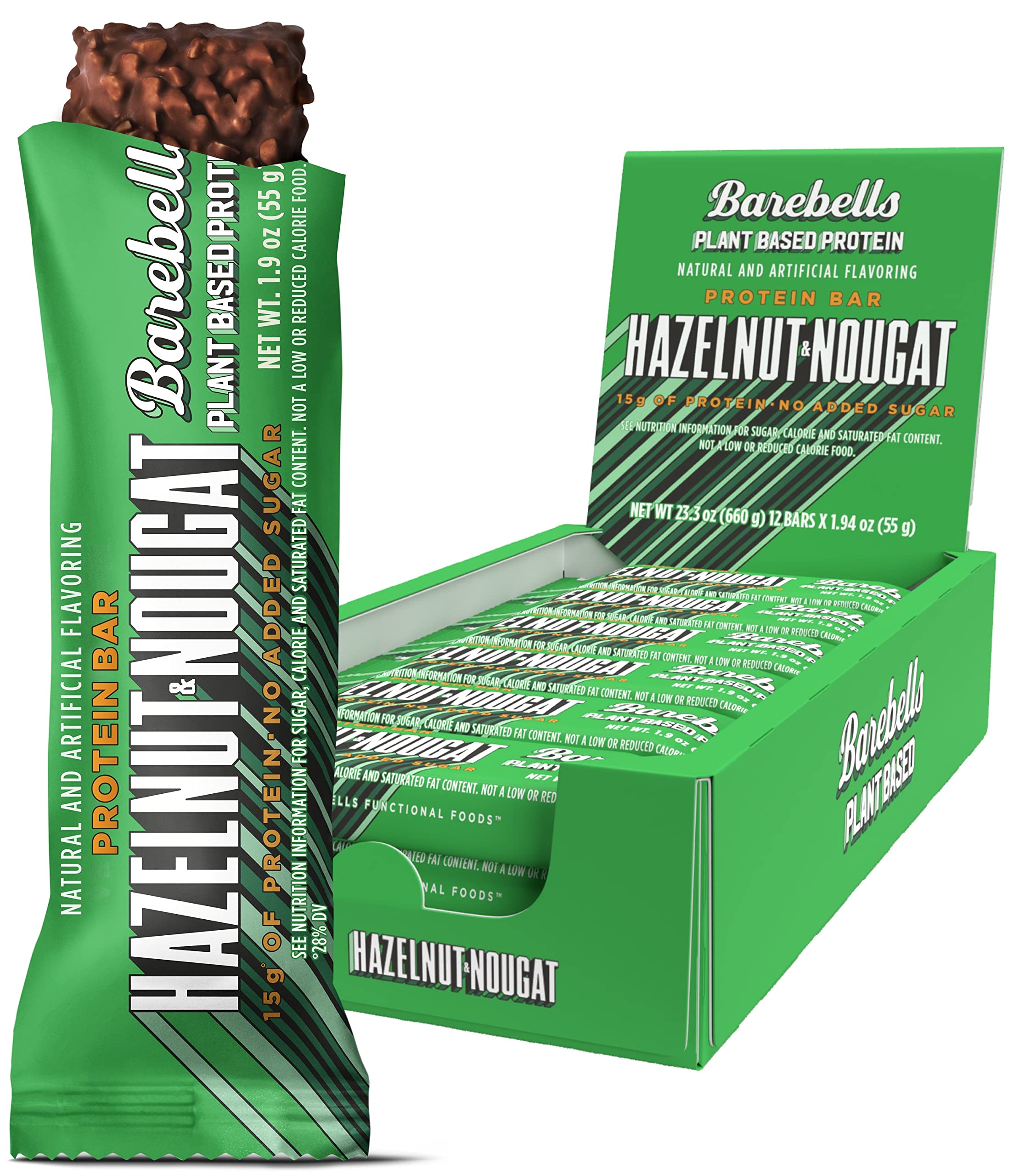 Barebells vegan protein bar hazelnut nougat packaging, ideal for on-the-go snacking