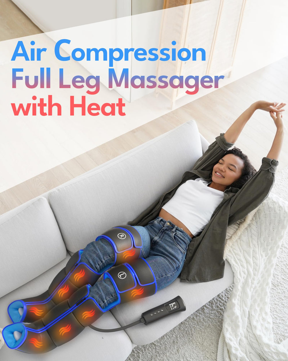 Baregamyan Leg Massager side wraps illustrating adjustable fit for different legs