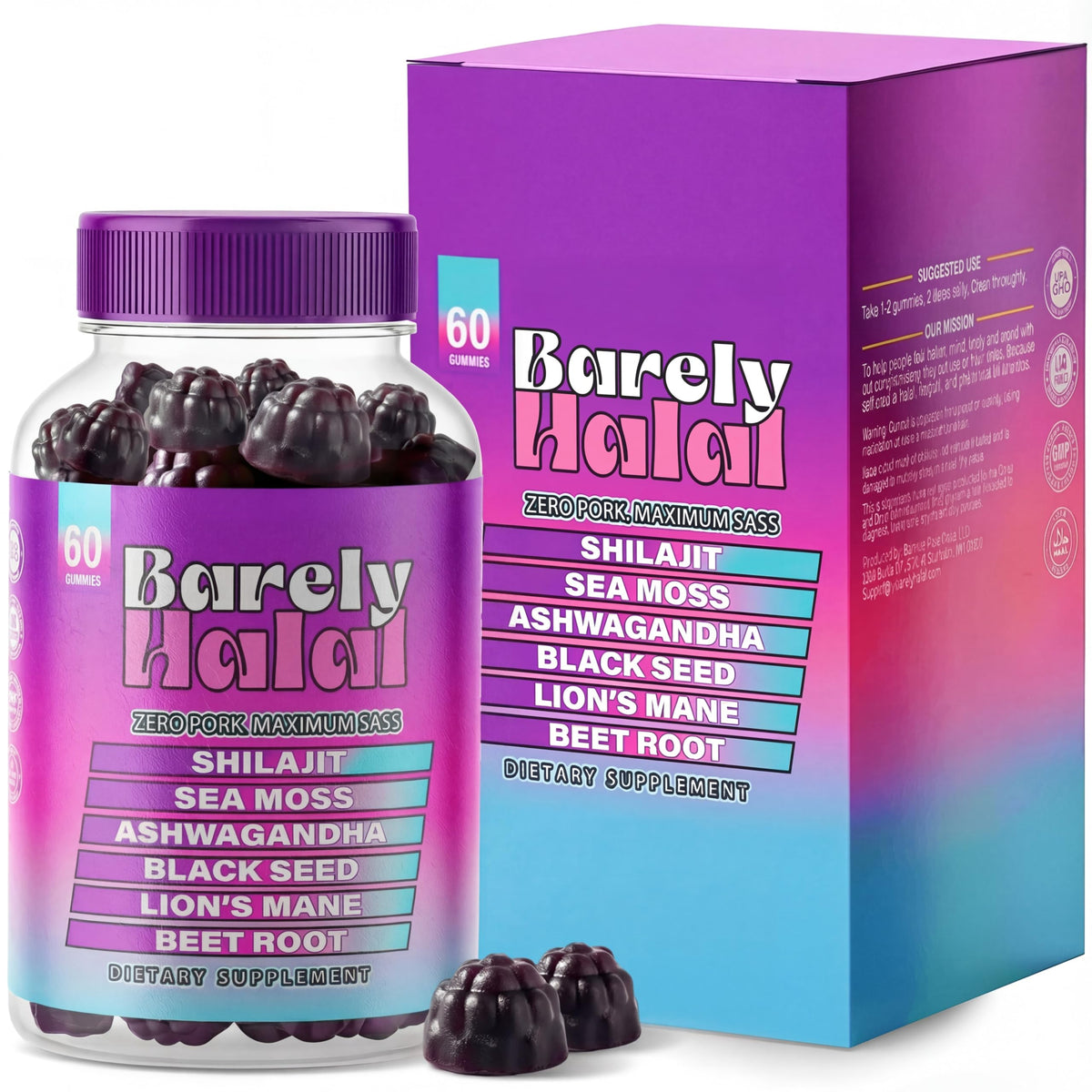 Barely Halal Ashwagandha Gummies packshot showing vegan, halal-certified adaptogen blend.