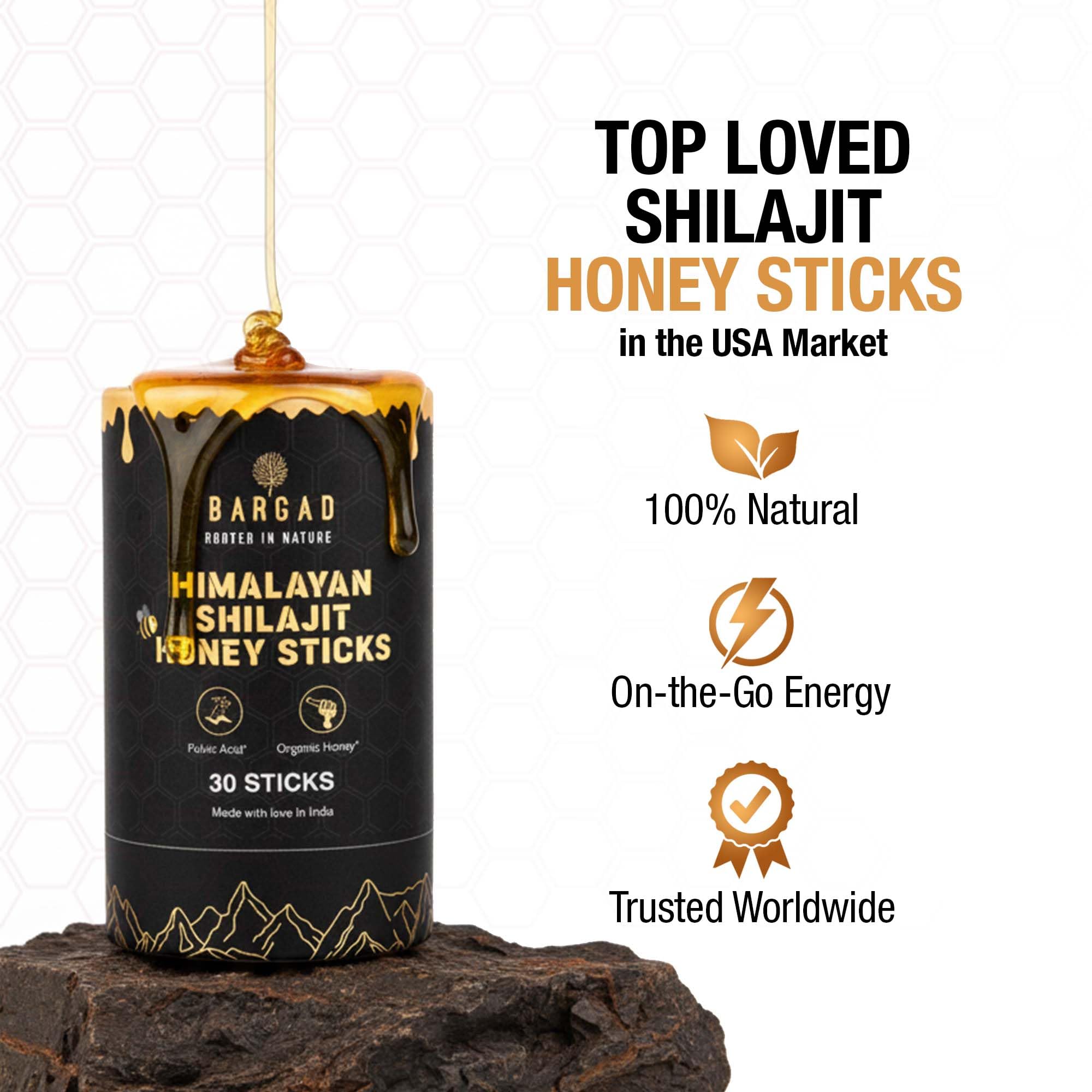 Bargad Shilajit honey stick closeup showing texture and saffron threads.