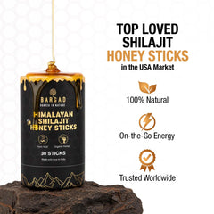 Bargad Shilajit honey stick closeup showing texture and saffron threads.