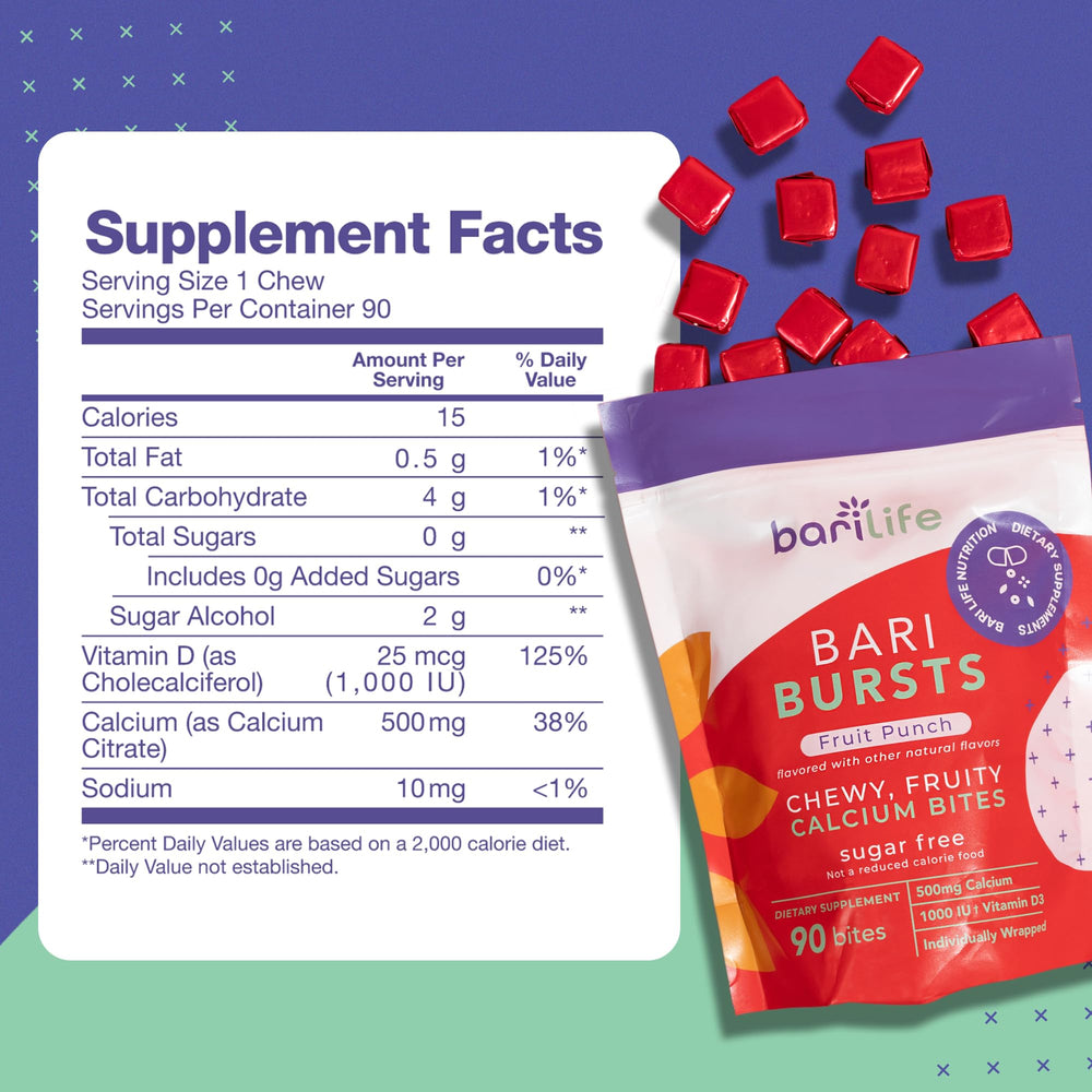 Close-up of Bari Burst chews highlighting 500 mg calcium per serving.