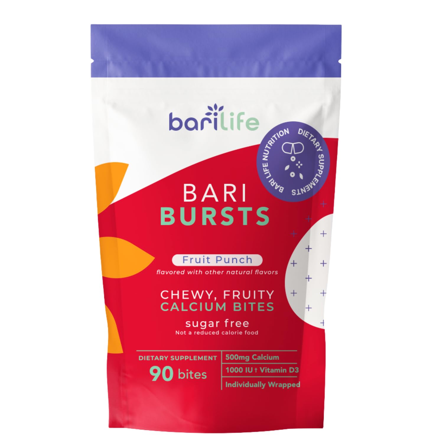 Bari Life Calcium Chews Fruit Punch bottle shown for convenient post-surgery nutrition.