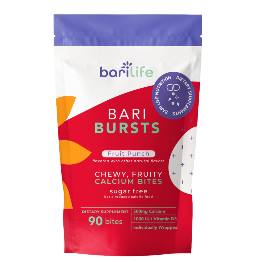 Bari Life Calcium Chews Fruit Punch bottle shown for convenient post-surgery nutrition.