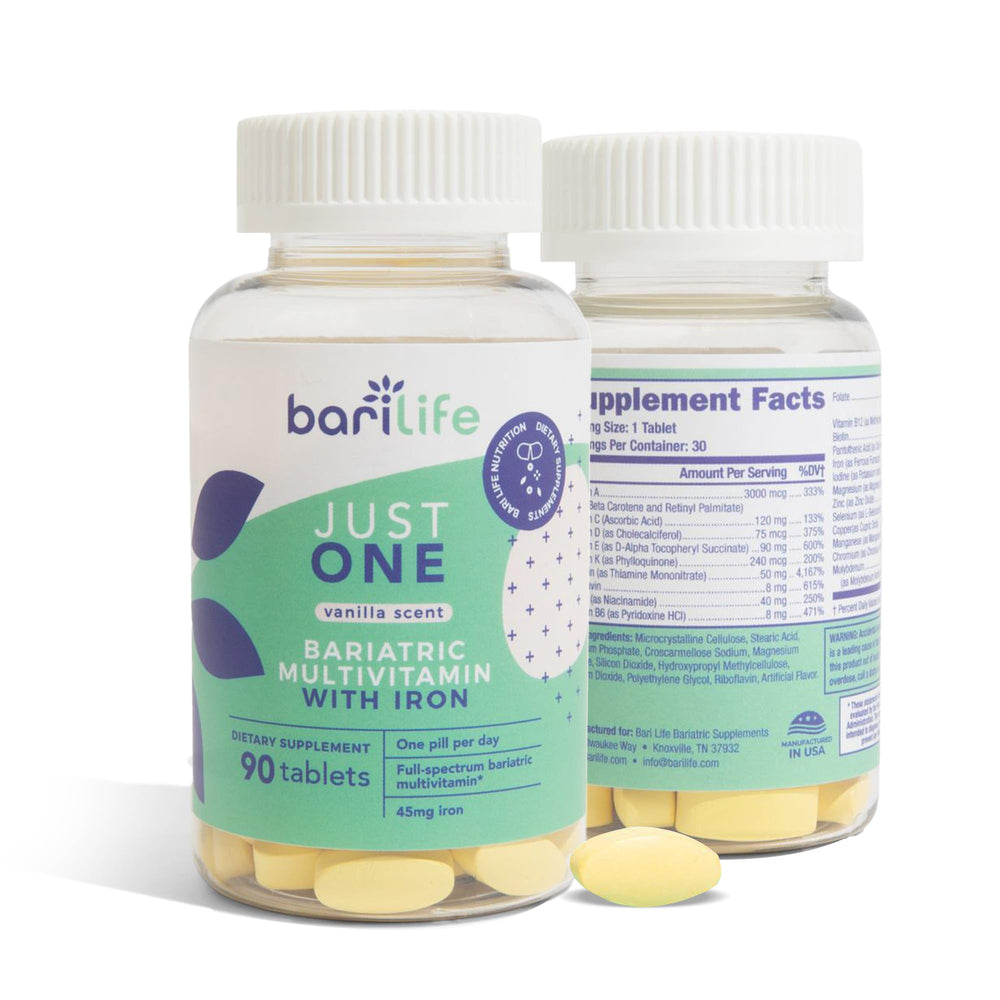 Just One bottle back with nutrition panel for post-surgery vitamins.