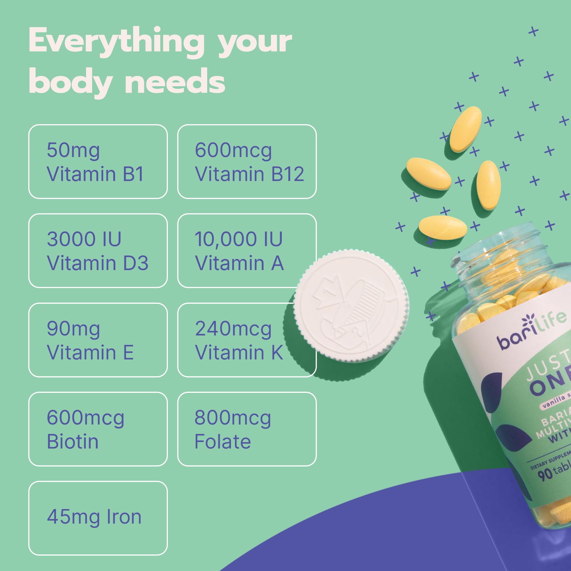 Just One bottle open to reveal 90-count daily supply.
