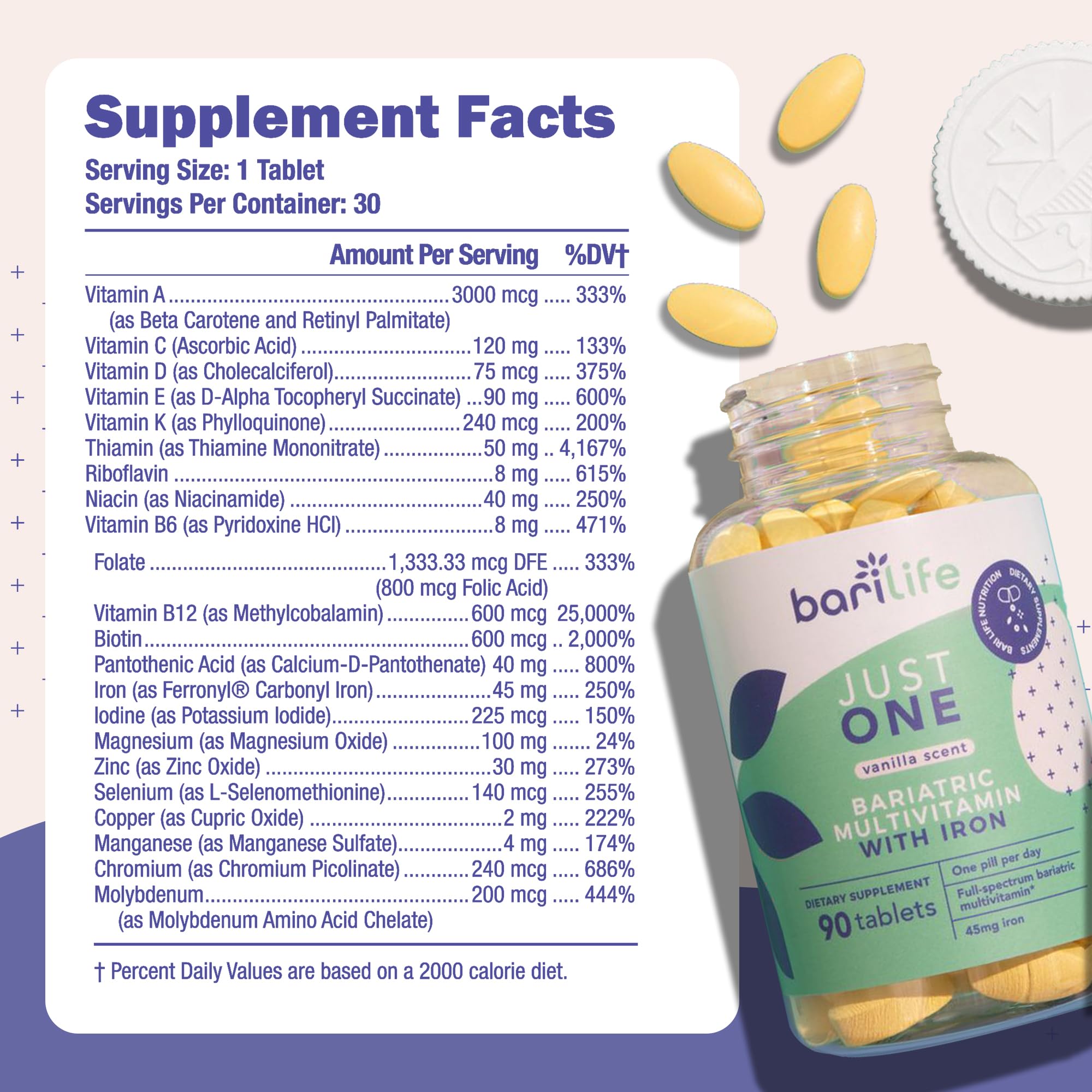 Bari Life Just One iron tablet closeup emphasizing 45 mg iron