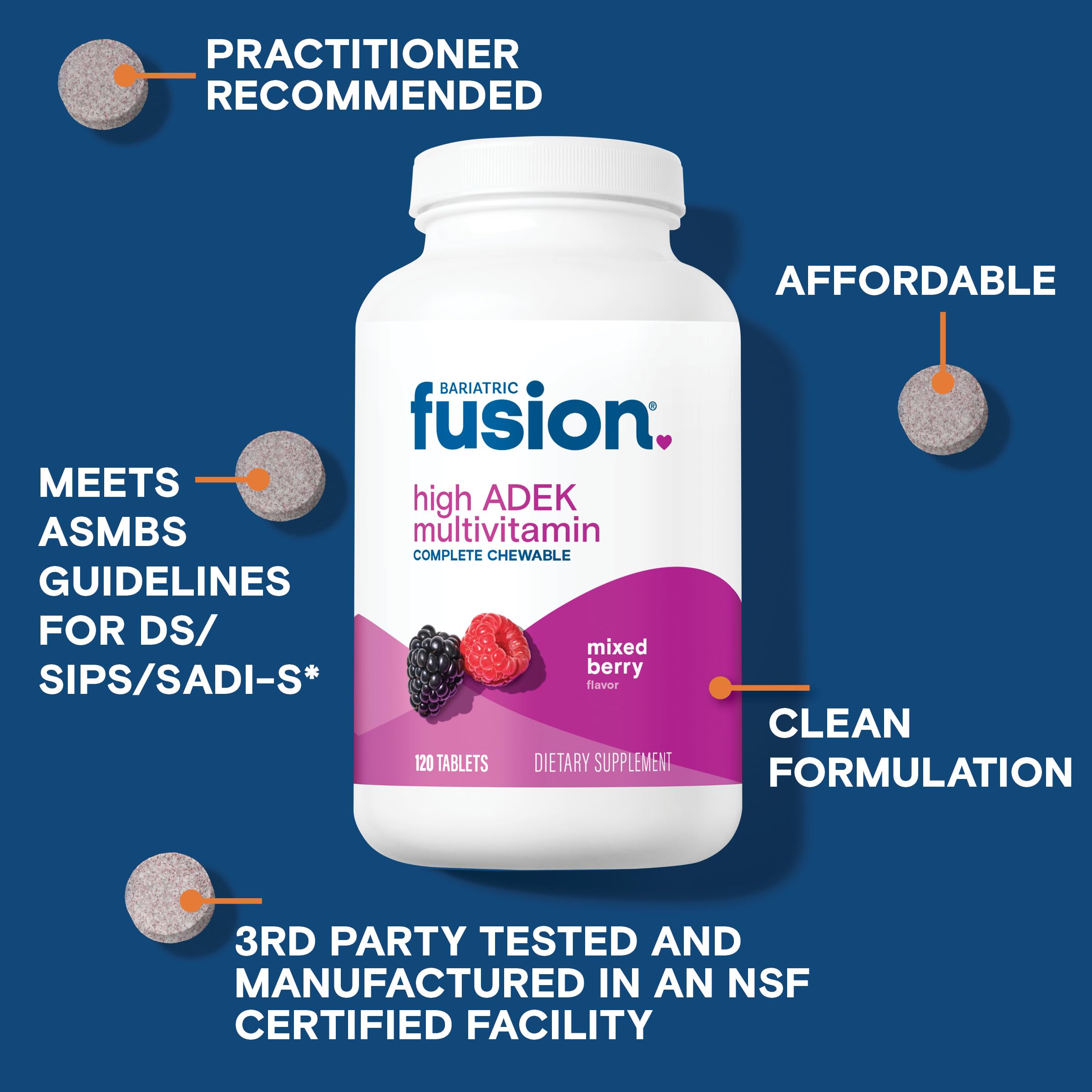 Bariatric Fusion berry-flavored chewable tablet closeup and texture