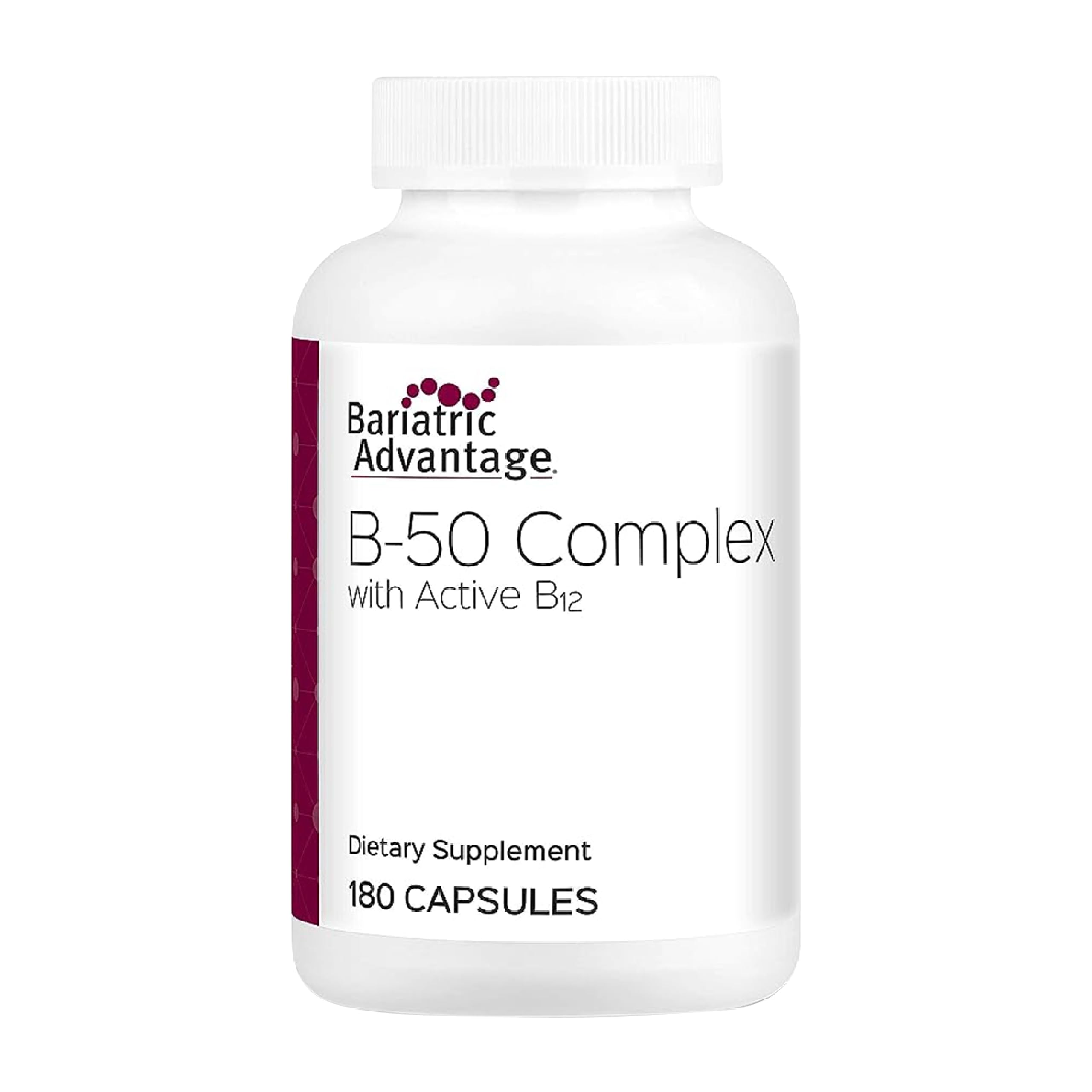 Bariatric Advantage B50 bottle front view, highlighting high-potency B vitamins for post-surgery support.