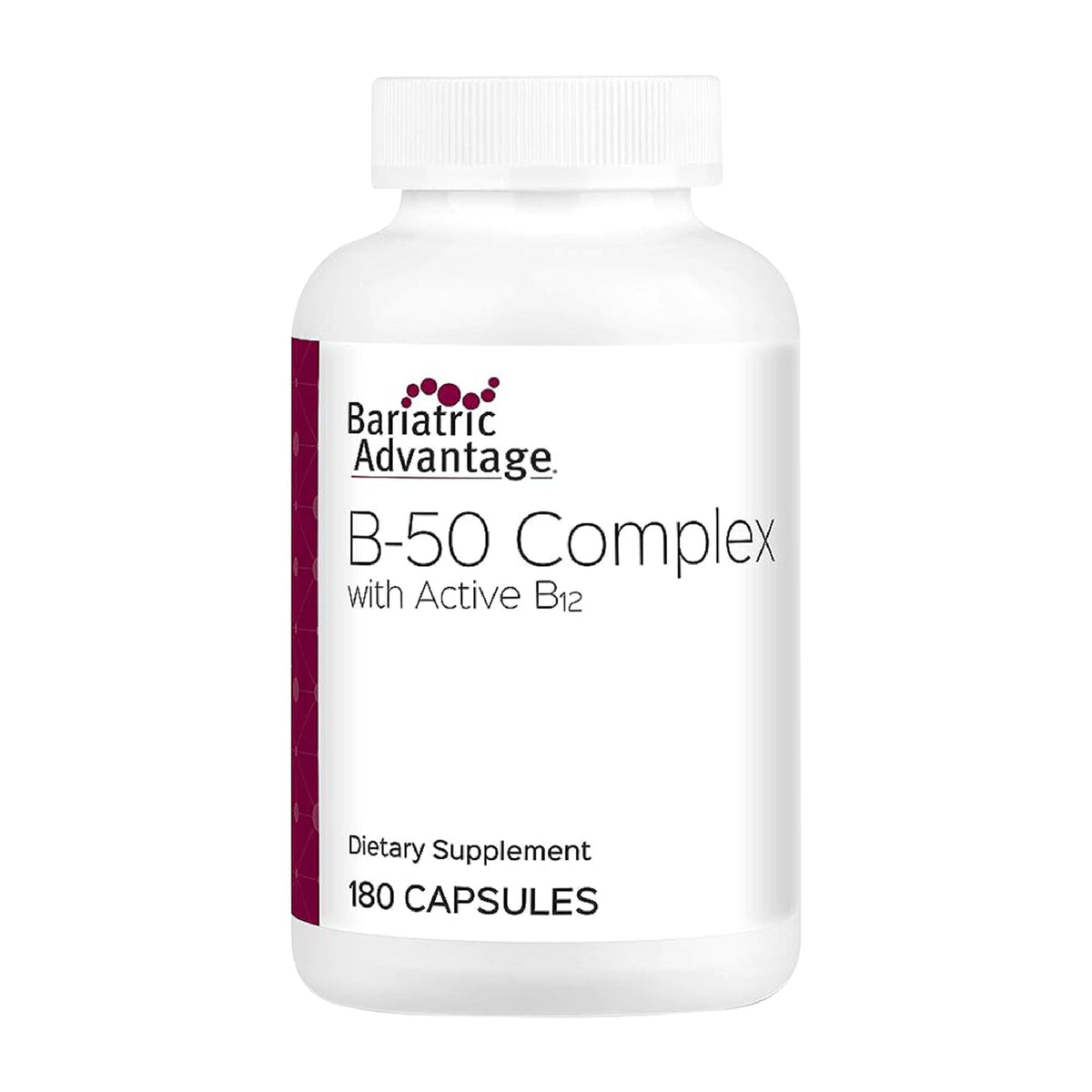 Bariatric Advantage B50 bottle front view, highlighting high-potency B vitamins for post-surgery support.