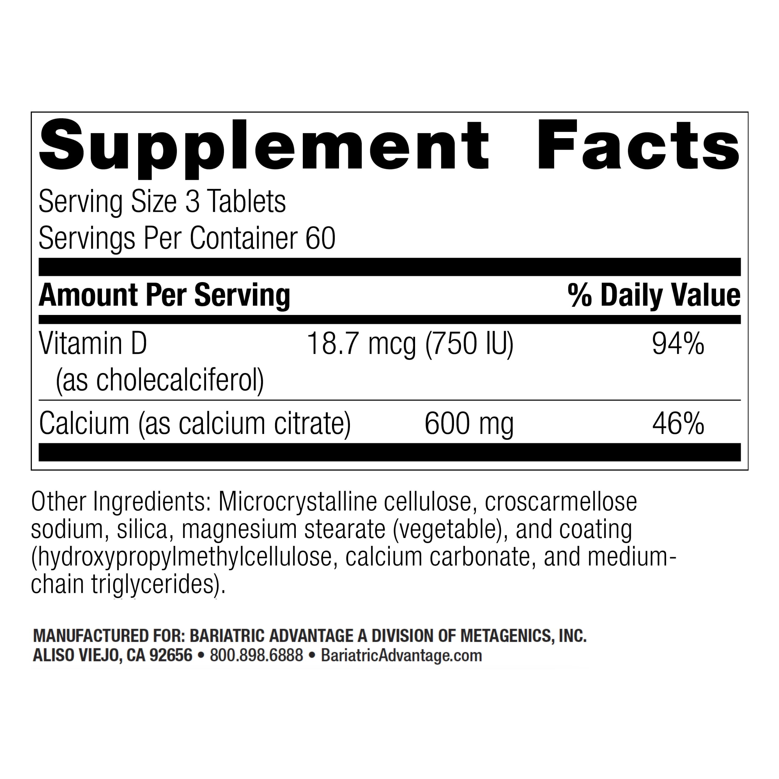 Close-up of Bariatric Advantage 600 mg calcium citrate tablets with easy-to-swallow coating