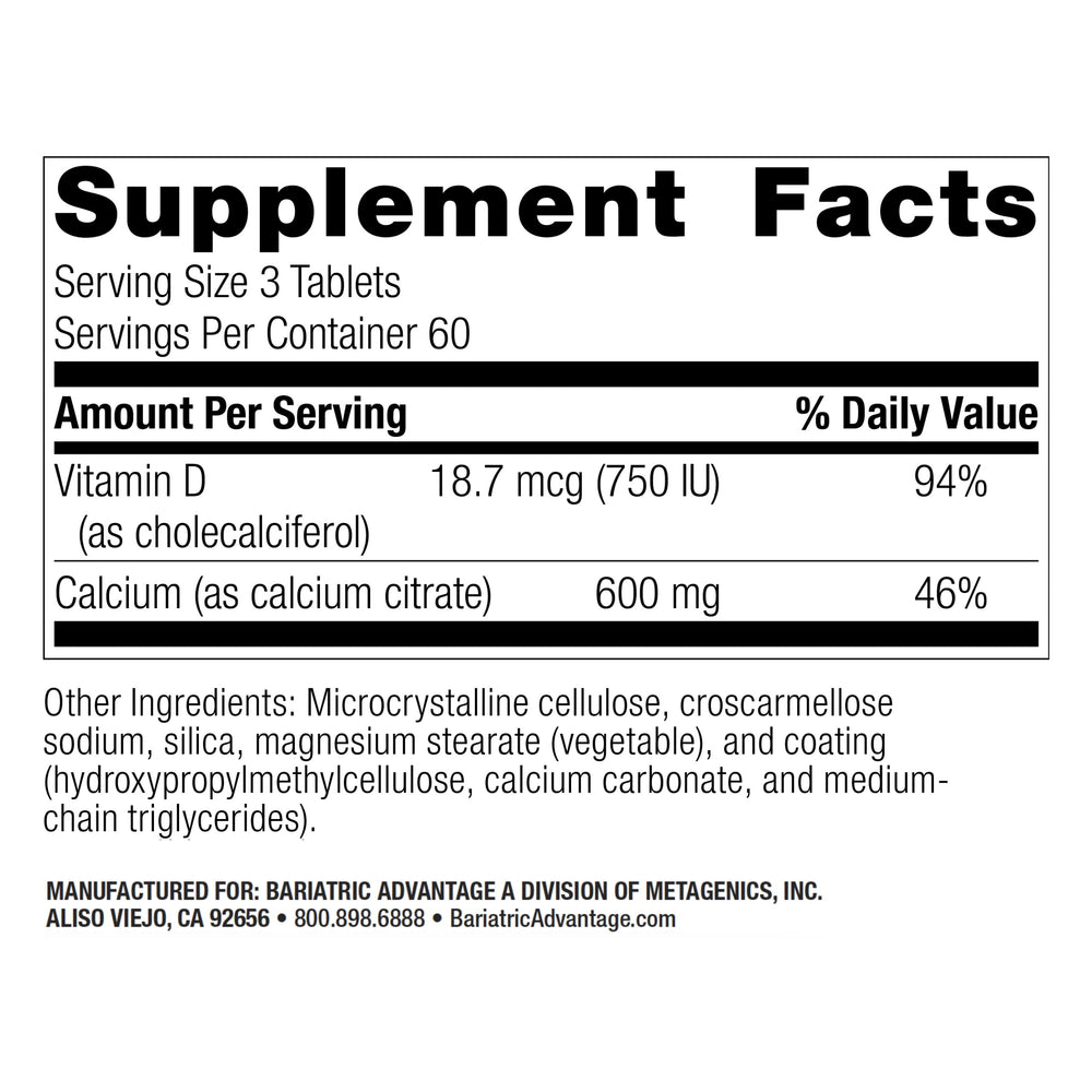 Close-up of Bariatric Advantage 600 mg calcium citrate tablets with easy-to-swallow coating