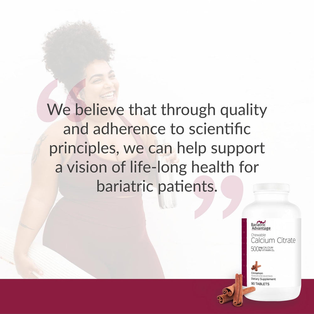 Bariatric Advantage Cinnamon chewable near a glass of water shows simple daily intake.