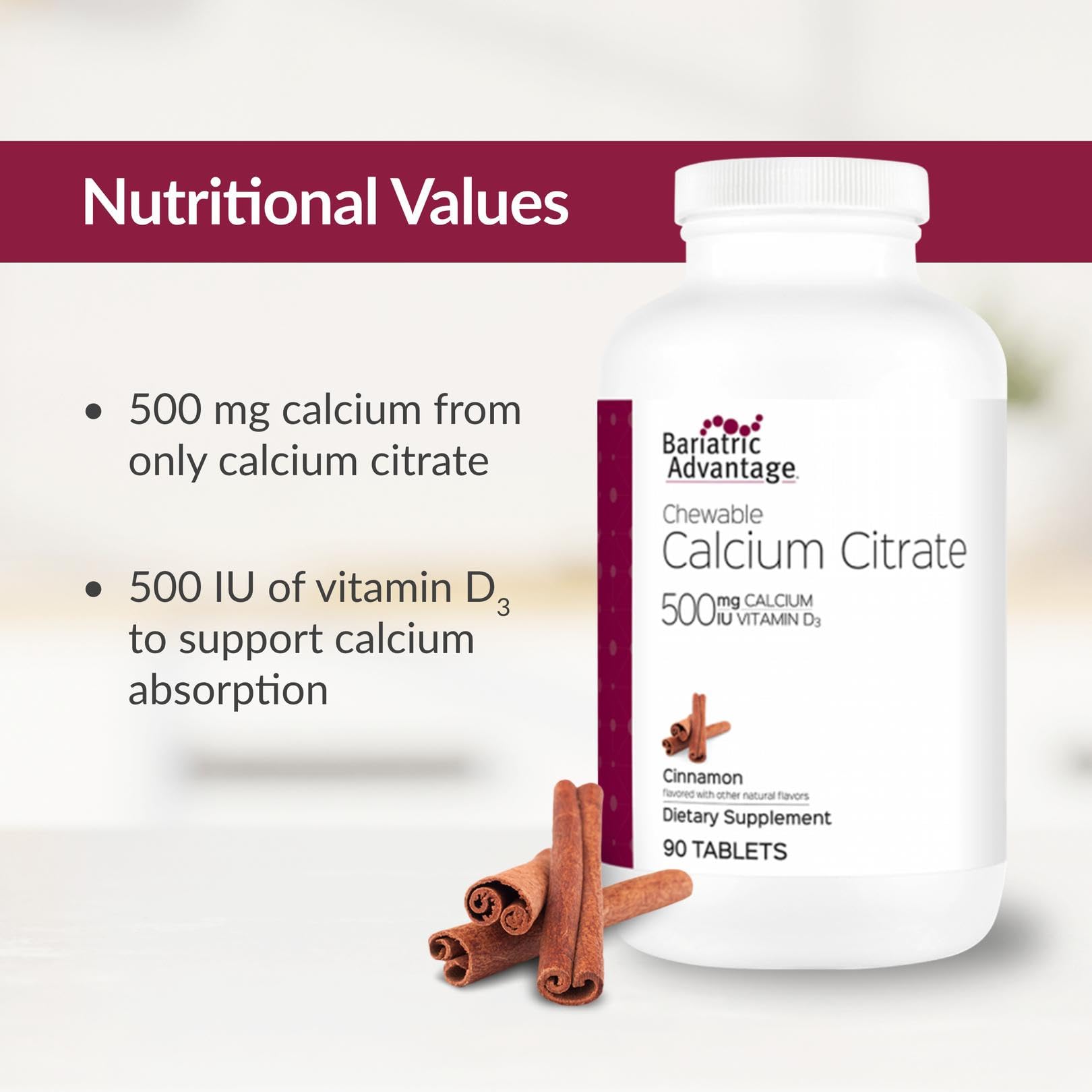 Bariatric Advantage Cinnamon tablet in hand illustrates easy chewing and pleasant taste.