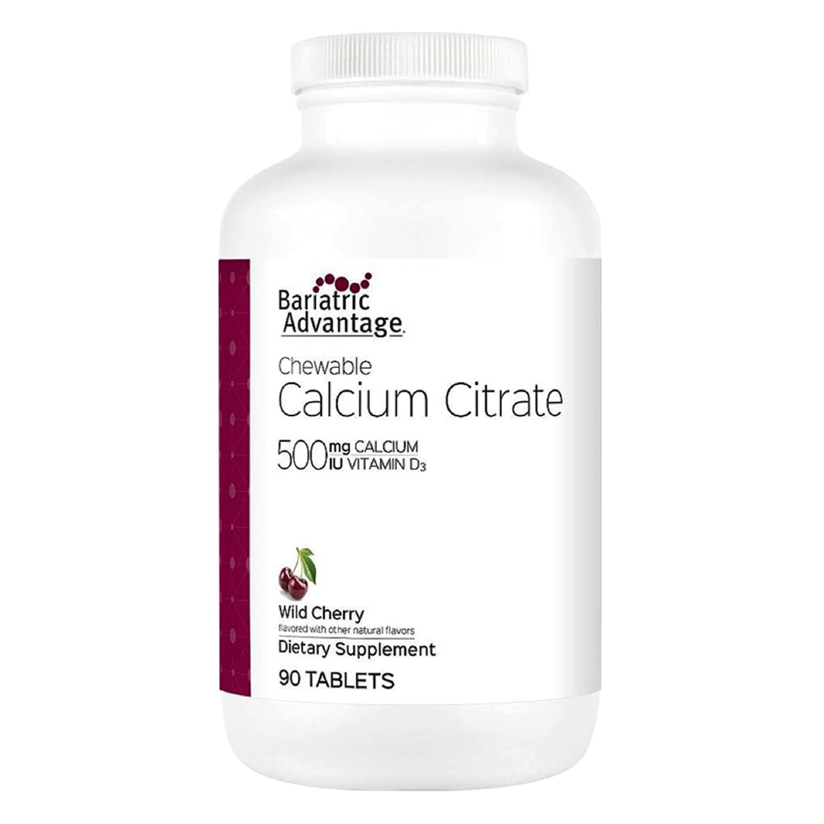 Bariatric Advantage calcium citrate chewable Wild Cherry bottle shown for easy post-surgery calcium support.